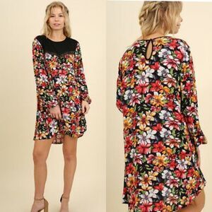 UMGEE Black Bishop Long Sleeve Boho Watercolor Floral Keyhole Tunic Dress Medium